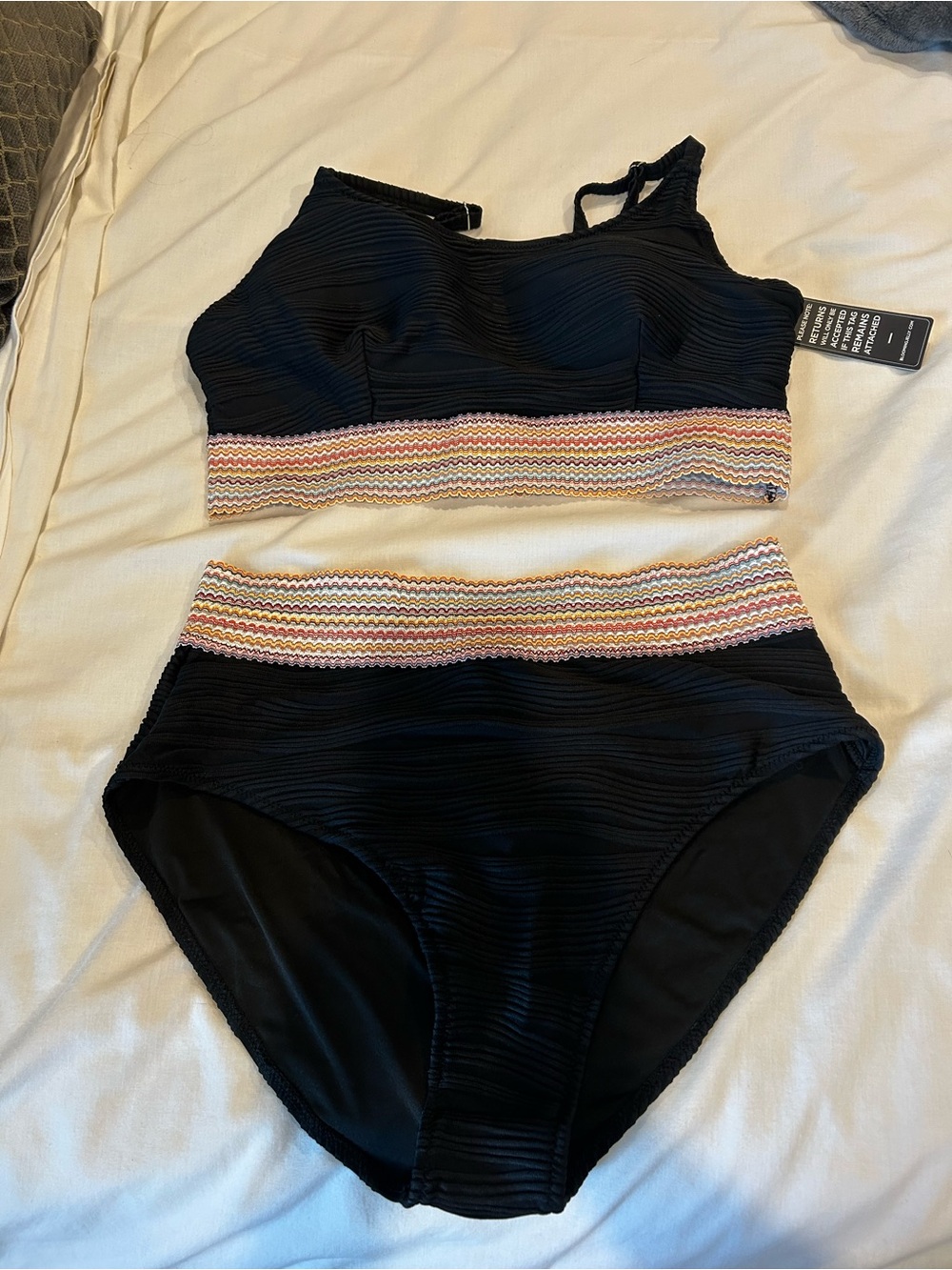 High-Waist Black Bikini Set with Multicolor Chevron Band
